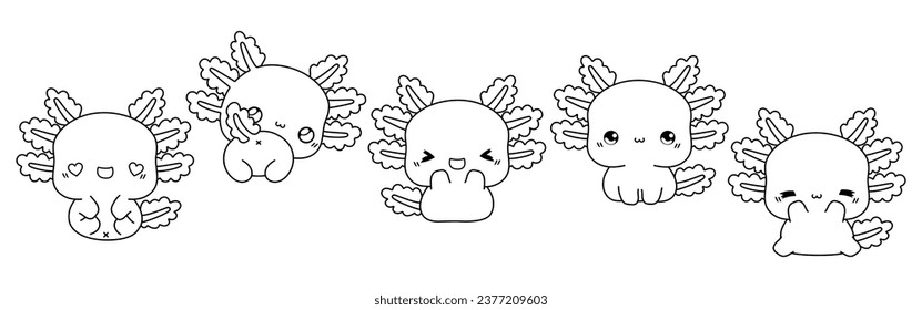 Set of Vector Cartoon Axolotl Coloring Page. Collection of Kawaii Isolated Animal Outline for Stickers, Baby Shower, Coloring Book, Prints for Clothes. 