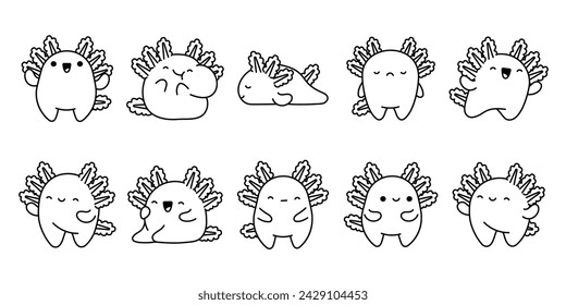 Set of Vector Cartoon Axolotl Coloring Page. Collection of Kawaii Isolated Reptile Outline for Stickers, Baby Shower, Coloring Book, Prints for Clothes.
