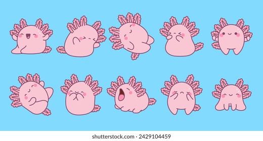 Set of Vector Cartoon Axolotl Illustrations. Collection of Kawaii Isolated Reptile Art for Stickers, Prints for Clothes, Baby Shower, Coloring Pages.
