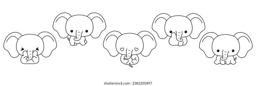 Set of Vector Cartoon Baby Animal Coloring Page. Collection of Kawaii Isolated Elephant Outline for Stickers, Baby Shower, Coloring Book, Prints for Clothes. 