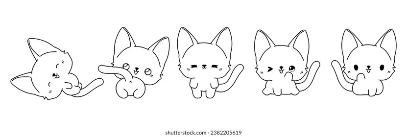 Set of Vector Cartoon Baby Cat Coloring Page. Collection of Kawaii Isolated Bengal Kitty Outline for Stickers, Baby Shower, Coloring Book, Prints for Clothes. 