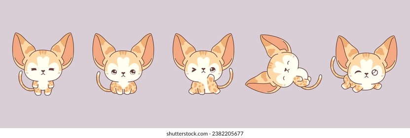 Set of Vector Cartoon Baby Cat Illustrations. Collection of Kawaii Isolated Abyssinian Kitten Art for Stickers, Prints for Clothes, Baby Shower, Coloring Pages. 