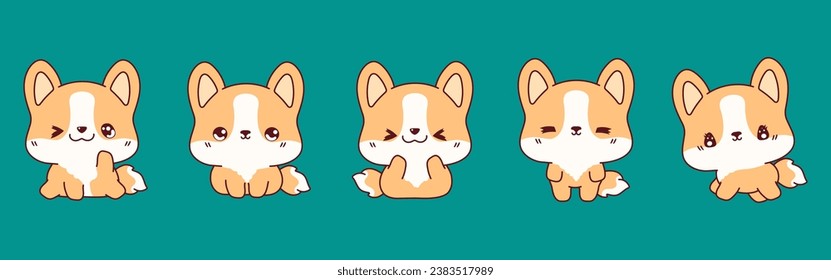 Set of Vector Cartoon Baby Dog Illustrations. Collection of Kawaii Isolated Welsh Corgi Dog Art for Stickers, Prints for Clothes, Baby Shower, Coloring Pages. 