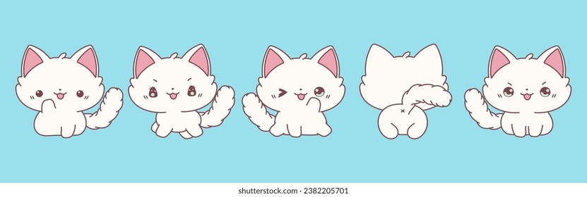 Set of Vector Cartoon Baby Pet Illustrations. Collection of Kawaii Isolated Ragdoll Cat Art for Stickers, Prints for Clothes, Baby Shower, Coloring Pages. 