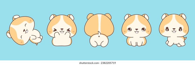 Set of Vector Cartoon Baby Pet Illustrations. Collection of Kawaii Isolated Hamster Art for Stickers, Prints for Clothes, Baby Shower, Coloring Pages. 