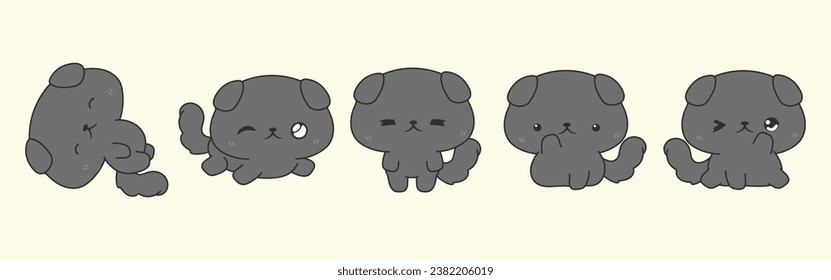 Set of Vector Cartoon Baby Pet Illustrations. Collection of Kawaii Isolated British Shorthair Cat Art for Stickers, Prints for Clothes, Baby Shower, Coloring Pages. 