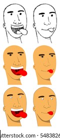 Set Of Vector Cartoon Bald Man Faces With Tongue Sticking Out.