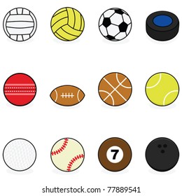 Set with vector cartoon balls for different sports: volleyball, water polo, soccer, hockey, cricket, football, basketball, tennis, golf, baseball, billiards and bowling