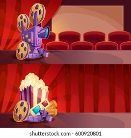 Set of vector cartoon banners with a cinema hall, screen and red curtains. Two templates for advertising posters to the films premiere