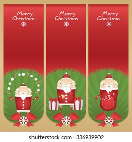 Set vector cartoon banners with flat icons Santa Claus with snowballs, candy sticks, glass of milk, cookie, presents and red sack