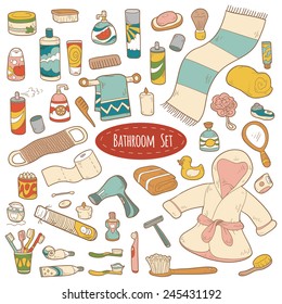 Set of vector cartoon bathroom elements and personal hygiene items