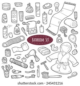 Set of vector cartoon bathroom elements and personal hygiene items