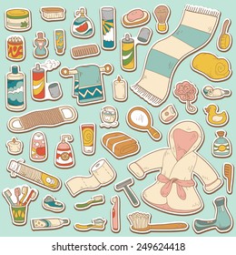 Set of vector cartoon bathroom elements and personal hygiene items