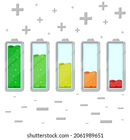 Eine Reihe von Vektorkartonbatterien mit unterschiedlichen Ladungsniveaus ist einzeln auf weißem Hintergrund.