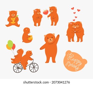 Set of vector cartoon bears. Couple in love, giving a flower, bear with pot of honey, two bears on bicycle with colorful balloons. 