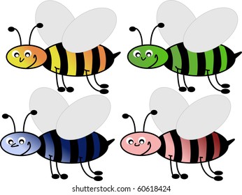 set of vector cartoon  bees in different colors