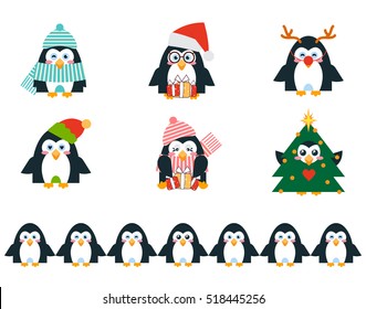 Set of vector cartoon birds in flat style. Cute illustration of funny penguins family, Christmas character – Santa Claus, Elf, Deer, Christmas tree, birds with presents. Abstract Kawaii animals