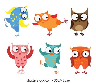 Set of vector cartoon birds - owls