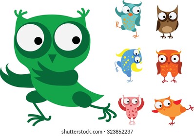 Set of vector cartoon birds - owls