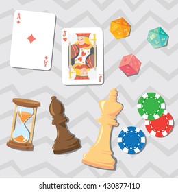 Set of vector cartoon boardgames elements, hourglass, dice, ace and jake cards and poker chips.