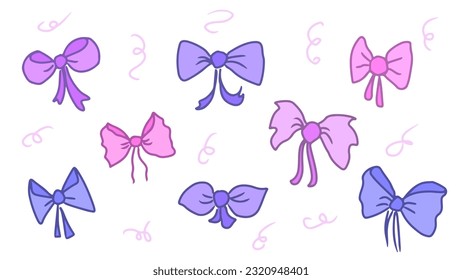 Conjunto de arcos y cintas vectoriales de diferentes formas y tamaños en colores rosa y púrpura
