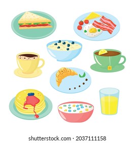 Set von Vektorcartoon Frühstücksbuffet und Getränk. Klassisches Brunch-Konzept. Flache Illustration.