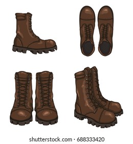 Set of Vector Cartoon Brown Army Boots. High Military Shoes. Variations of Views.