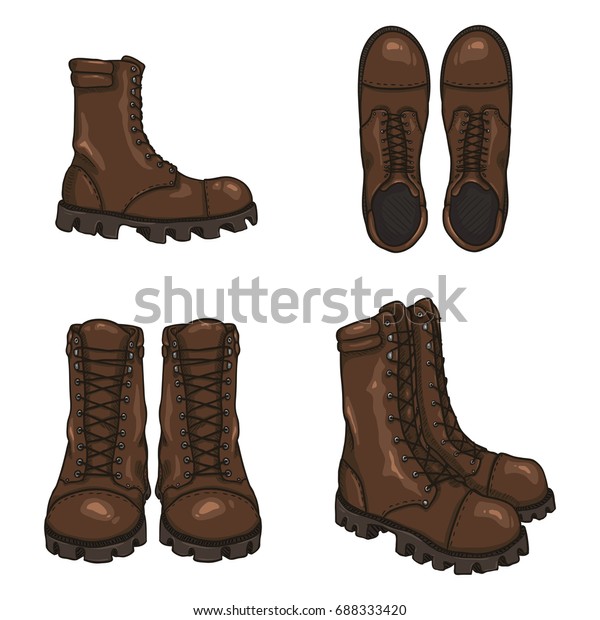 Set of Vector Cartoon Brown Army Boots. High\
Military Shoes. Variations of\
Views.