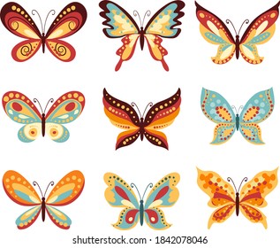 Set of vector cartoon butterflies on white. Various shapes of wings of butterfly and decoration on them.