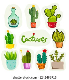 Set of vector cartoon cactuses. Vector drawing set of cactus in ceramic pots. Funny cartoon exotic plants. Succulents, aloe and cactus with flowers collection
