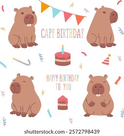 A set of vector cartoon capybaras, a designer for your greeting cards, birthday invitations, posters. Illustration of elements for a birthday
