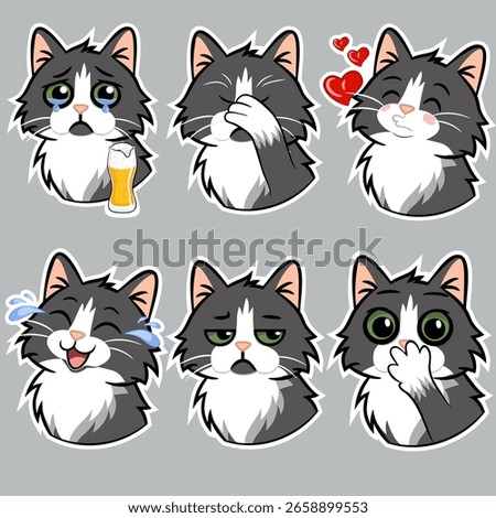 Set of vector cartoon cat emoticons. Cute black and white fluffy kitten showing various facial expressions: love, sadness, laughter, boredom. 
