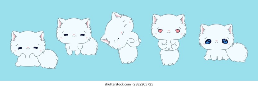 Set of Vector Cartoon Cat Illustrations. Collection of Kawaii Isolated Persian Kitten Art for Stickers, Prints for Clothes, Baby Shower, Coloring Pages. 