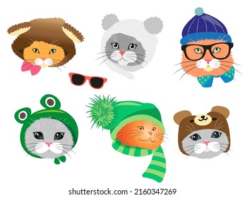 set of vector cartoon cat, sticker clipart