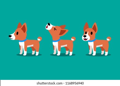 Set of vector cartoon character cute basenji dog poses for design.