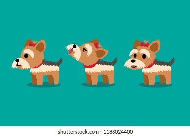 Set of vector cartoon character cute yorkshire terrier dog poses for