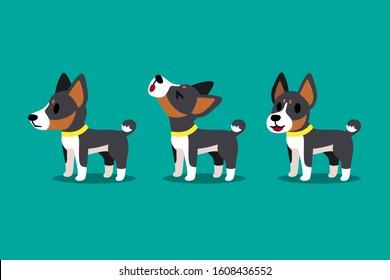 Set of vector cartoon character cute basenji dog poses for design.