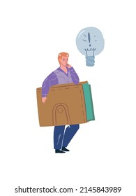 Set of vector cartoon character with huge wallet and light bulb-metaphor of search and sponsoring original interesting idea projects,crowdfunding social financial concept,web site ad banner design
