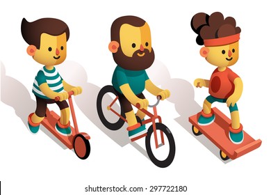 Set of vector cartoon characters. Athletes - skater, cyclist, and the guy on the scooter. Trendy, stylish characters. Fans of skate.