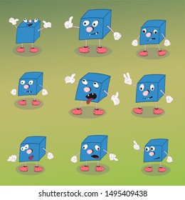 Set of vector cartoon characters blue cube shows different emotions on a colorful background.