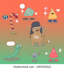 Set of vector cartoon characters candy, cone, pyramid, cat and caterpillar on a colored background for the design of cards, calendars, posters.