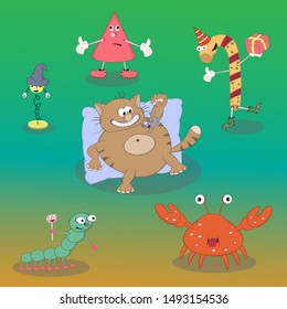 set of vector cartoon characters candy, spring, crab, cat, cone, caterpillar show different emotions on a colored background.