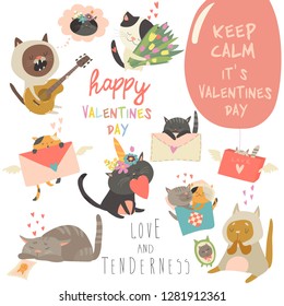 Set of vector cartoon characters cats in love theme