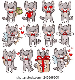 Set of vector cartoon characters cats in love theme. Cupid with a bow cat, a cat with a heart, a cat with a bouquet of flowers, a cat hugs.
