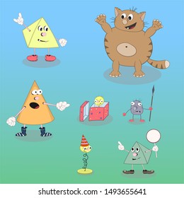 Set of vector cartoon characters cone, pyramid, cat and spring on a colored background for the design of cards, calendars, posters.