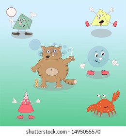 Set of vector cartoon characters cone, pyramid, cat, crab and bubble on a colored mint background for design of cards, calendars, posters.