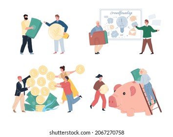 Set of vector cartoon characters in crowdfunding scenes depicted by metaphors-collecting money,sponsoring original interesting projects and ideas,social financial concept,web site banner ad design