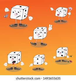 set of vector cartoon characters dice cube on an orange background for the design of cards, calendars, posters.