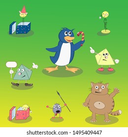 Set of vector cartoon characters in different poses: cat, penguin, spring and pyrimid on a colorful background.