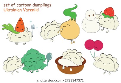 Un conjunto de personajes de dibujos animados de Vector: un divertido dumplings (ucraniano varenyk) en varias escenas con personajes de sus diversos rellenos, un varenyk en un baño de crema agria, un hada varenyk, muñeco de nieve de queso.